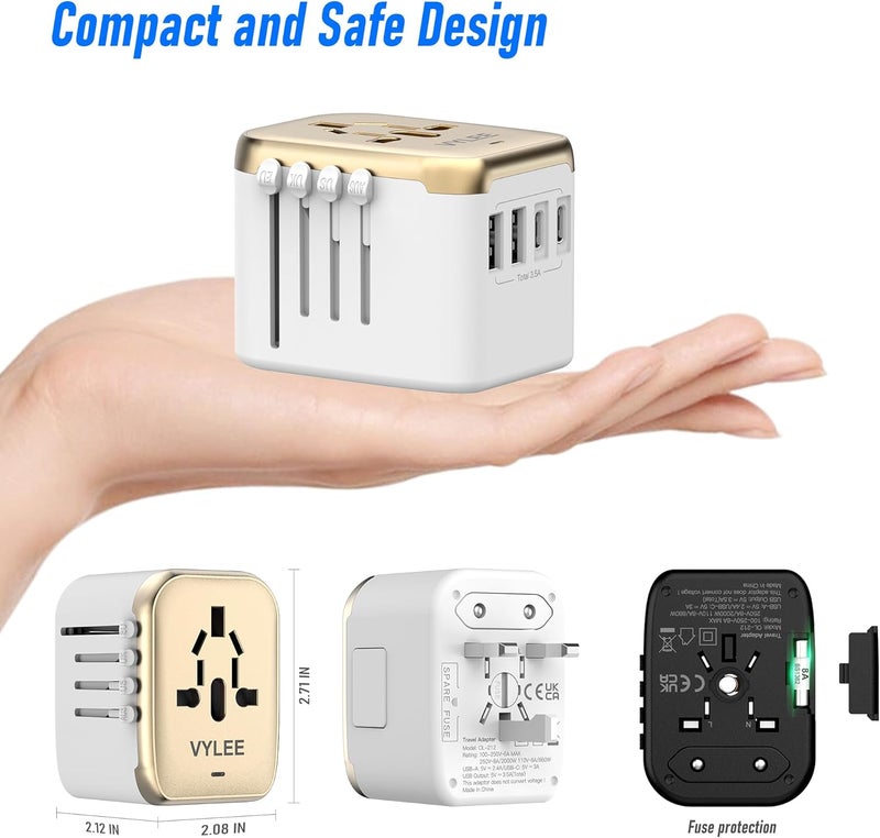 VYLEE Universal International Power Travel Plug Adapter, 5 in 1 European Travel Plug Adapter W/ 3.5A 2xUSB-A and 2xUSB C Wall Charger and Worldwide AC Outlet for Europe USA UK AUS Asia (White Gold) - Image 5